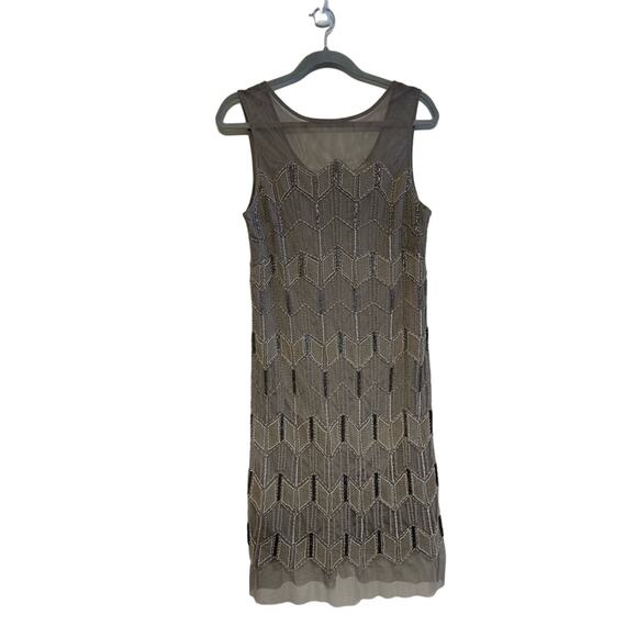 Sundance Mesh Overlay Beaded Chevron Silver Grey Dress Size 10 EUC - Picture 5 of 6